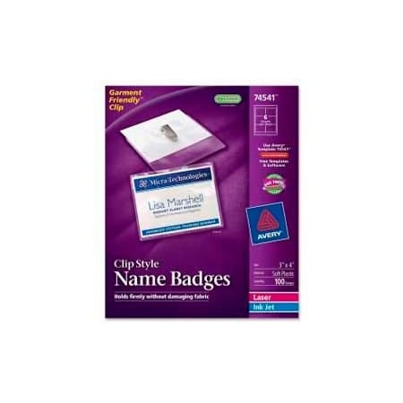 Avery Avery Clip Style Name Badges, 3" x 4", Clear, 100/Box 74541
